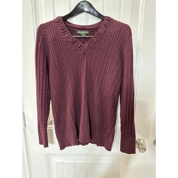 Eddie Bauer Cable Knit V Neck Sweater Women XXL Travel Winter Warm Twee Granola - Picture 1 of 8